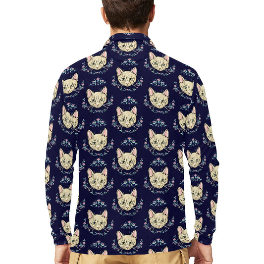Cat Head with flower Print Pattern Long Sleeve Polo Shirt For Men's