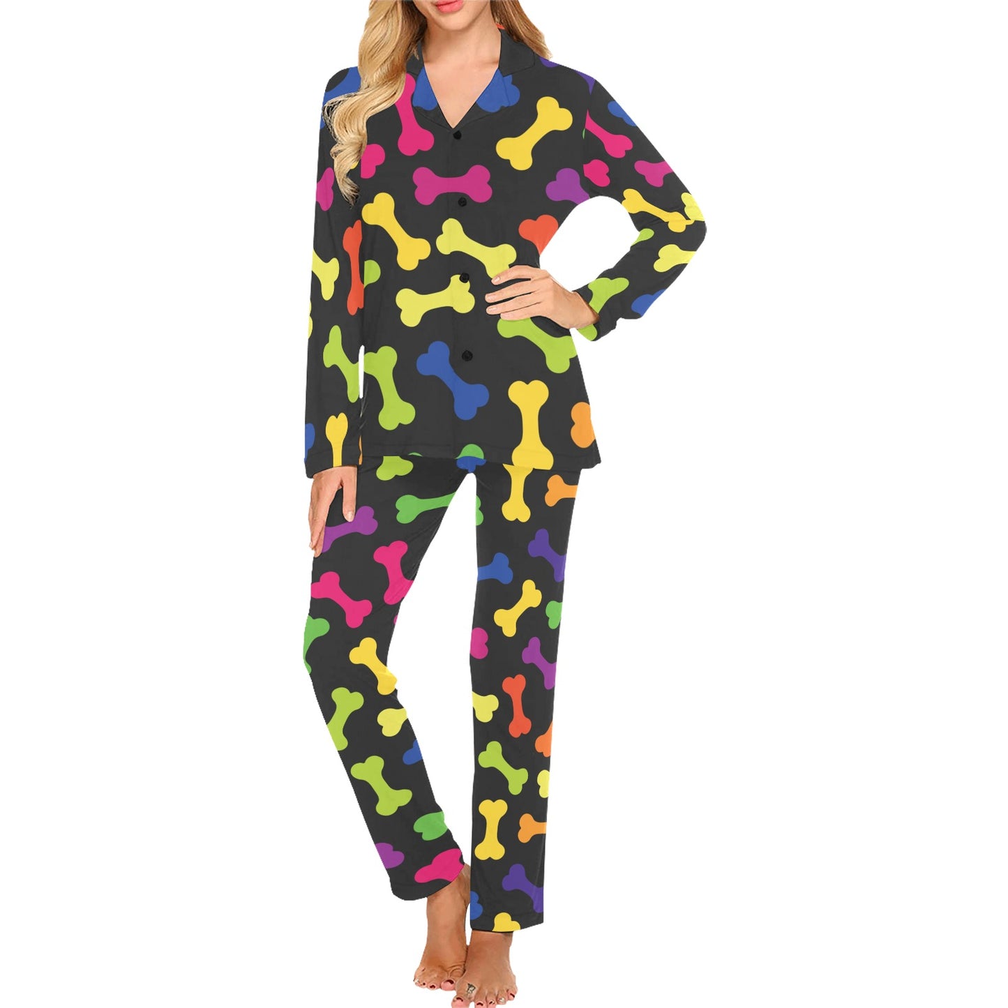 Dog Bone Neon Color Pattern Print Design 02 Women's Long Pajama Set