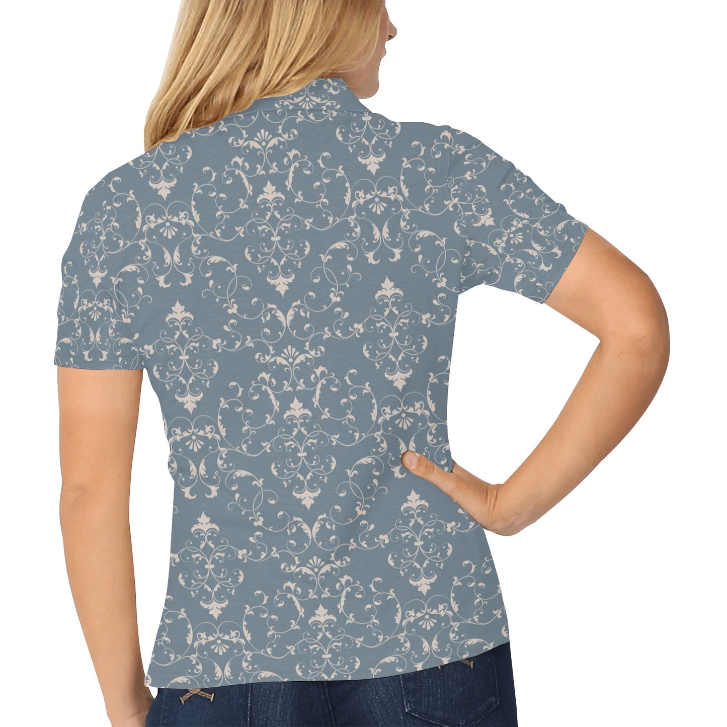 Damask Elegant Teal Print Pattern Women's Polo Shirt