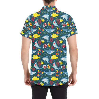 Scuba With Sharks Print Design LKS303 Men Short Sleeve Button Up Shirt