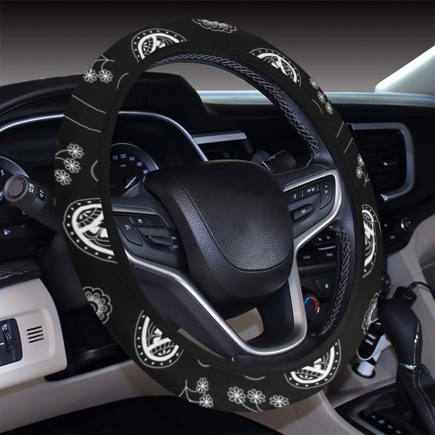 Bandana Paisley Black Print Design LKS308 Steering Wheel Cover with Elastic Edge