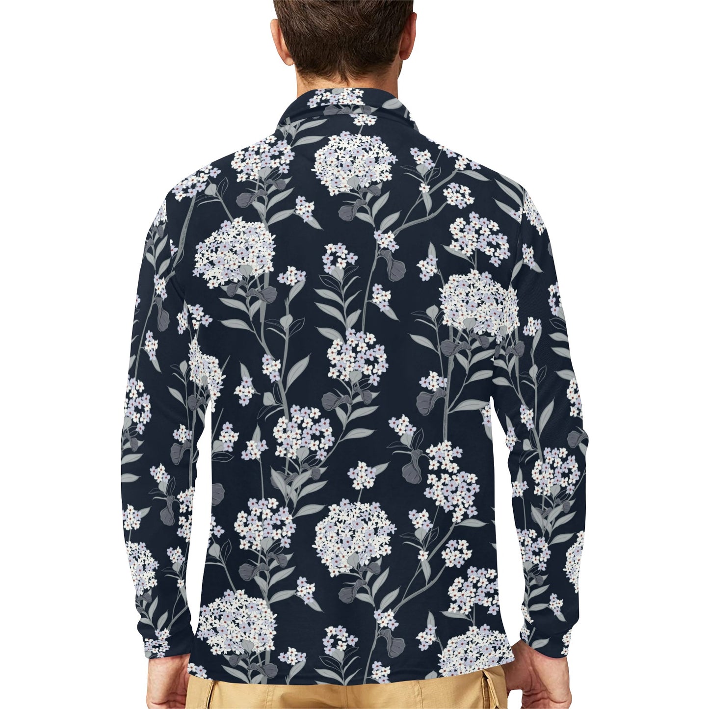 Hydrangea Pattern Print Design HD07 Long Sleeve Polo Shirt For Men's