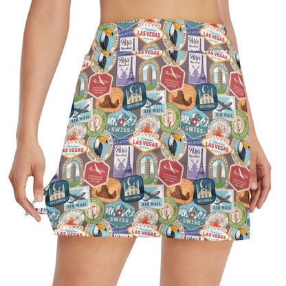 Travel Stamp Print Design LKS301 17" Golf & Pickleball Skort with Pockets