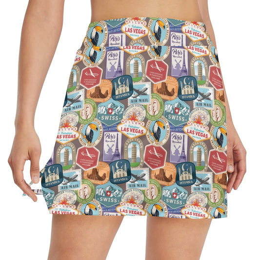 Travel Stamp Print Design LKS301 Women's Golf Skirt with Pocket