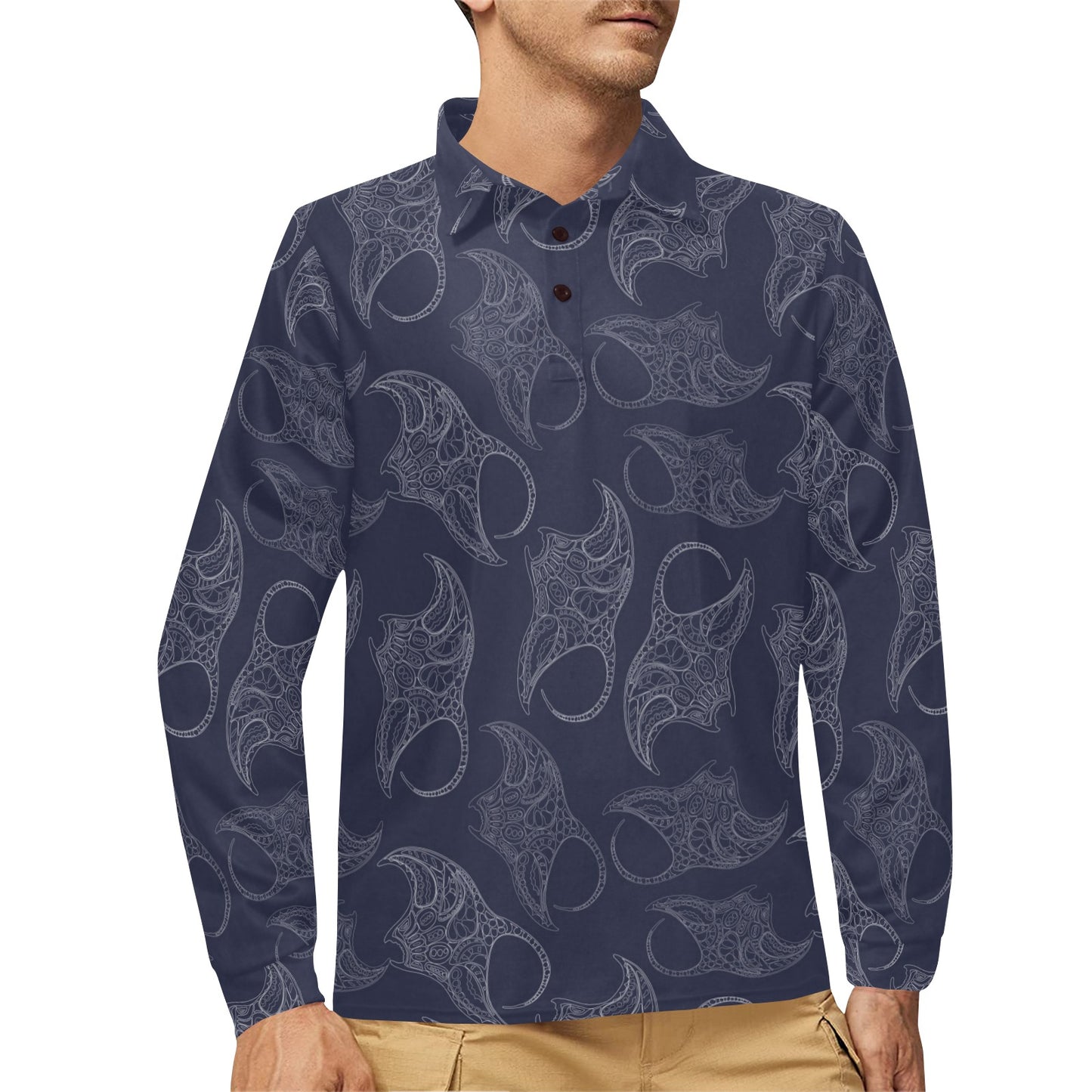 Manta Ray Pattern Print Design 01 Long Sleeve Polo Shirt For Men's