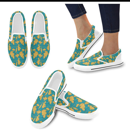 World Map Print Design LKS301 White Slip Ons Canvas Women's Shoes
