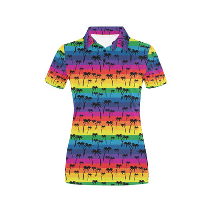 Palm Tree Rainbow Themed Print Women's Polo Shirt