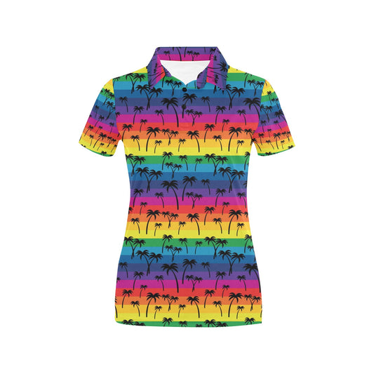 Palm Tree Rainbow Themed Print Women's Polo Shirt