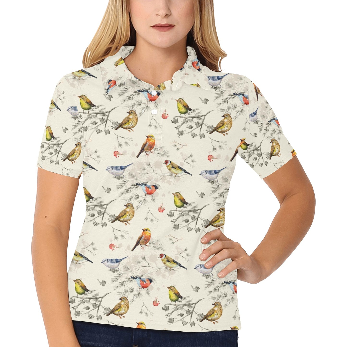 Bird Watercolor Design Pattern Women's Polo Shirt