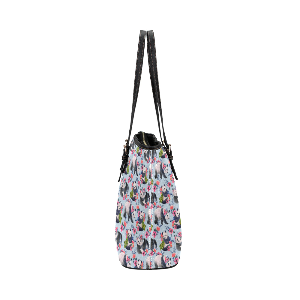 Panda Bear Flower Design Themed Print Leather Tote Bag