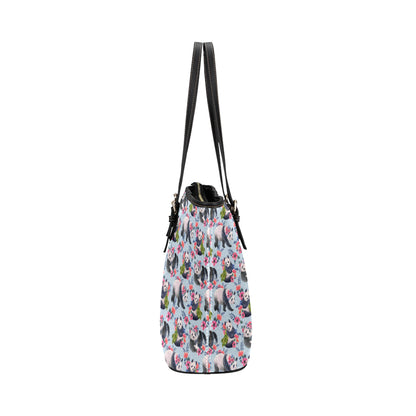 Panda Bear Flower Design Themed Print Leather Tote Bag