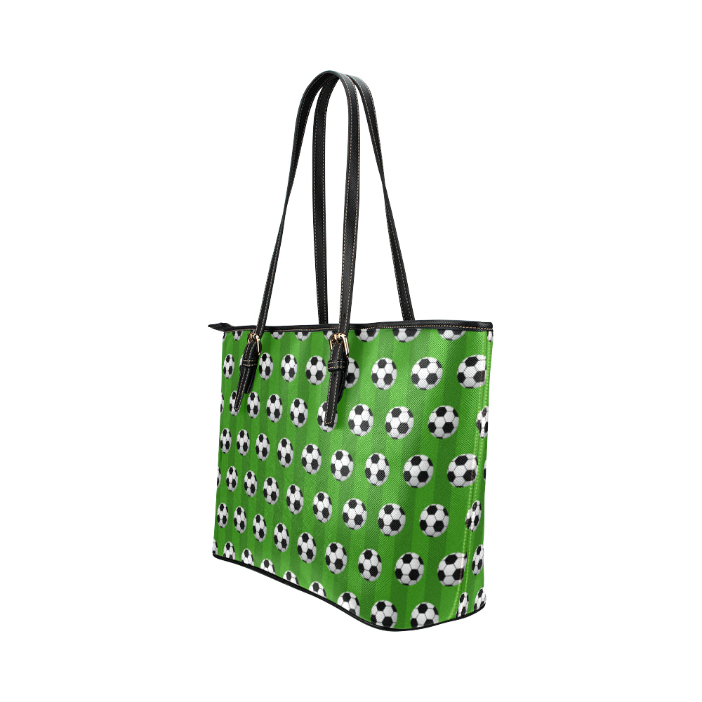 Soccer Ball Green Backgrpund Print Leather Tote Bag