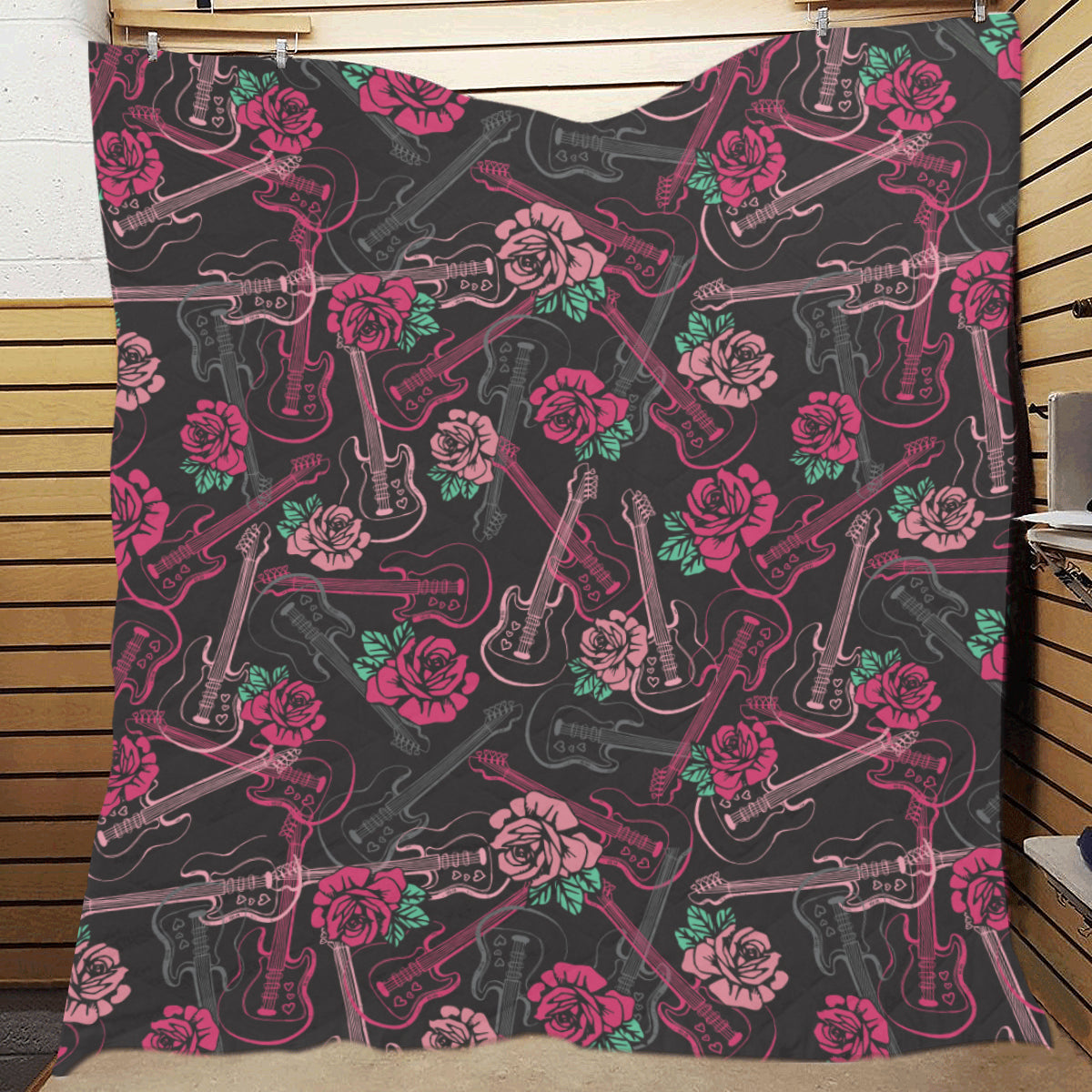 Bass Guitar Pink Rose Pattern Print Design 01 Premium Quilt