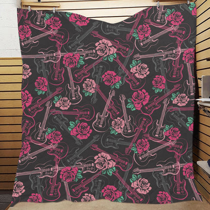 Bass Guitar Pink Rose Pattern Print Design 01 Premium Quilt