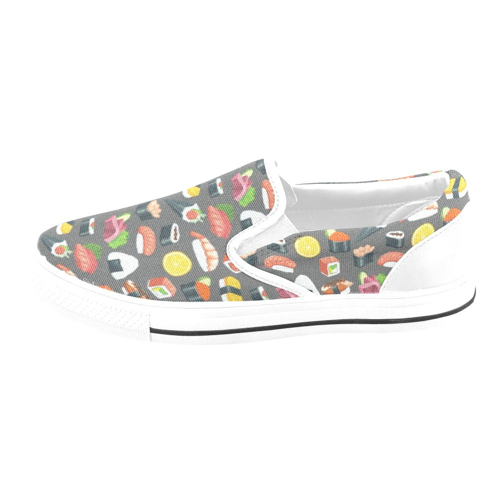 Sushi Print Design LKS302 White Slip Ons Canvas Women's Shoes