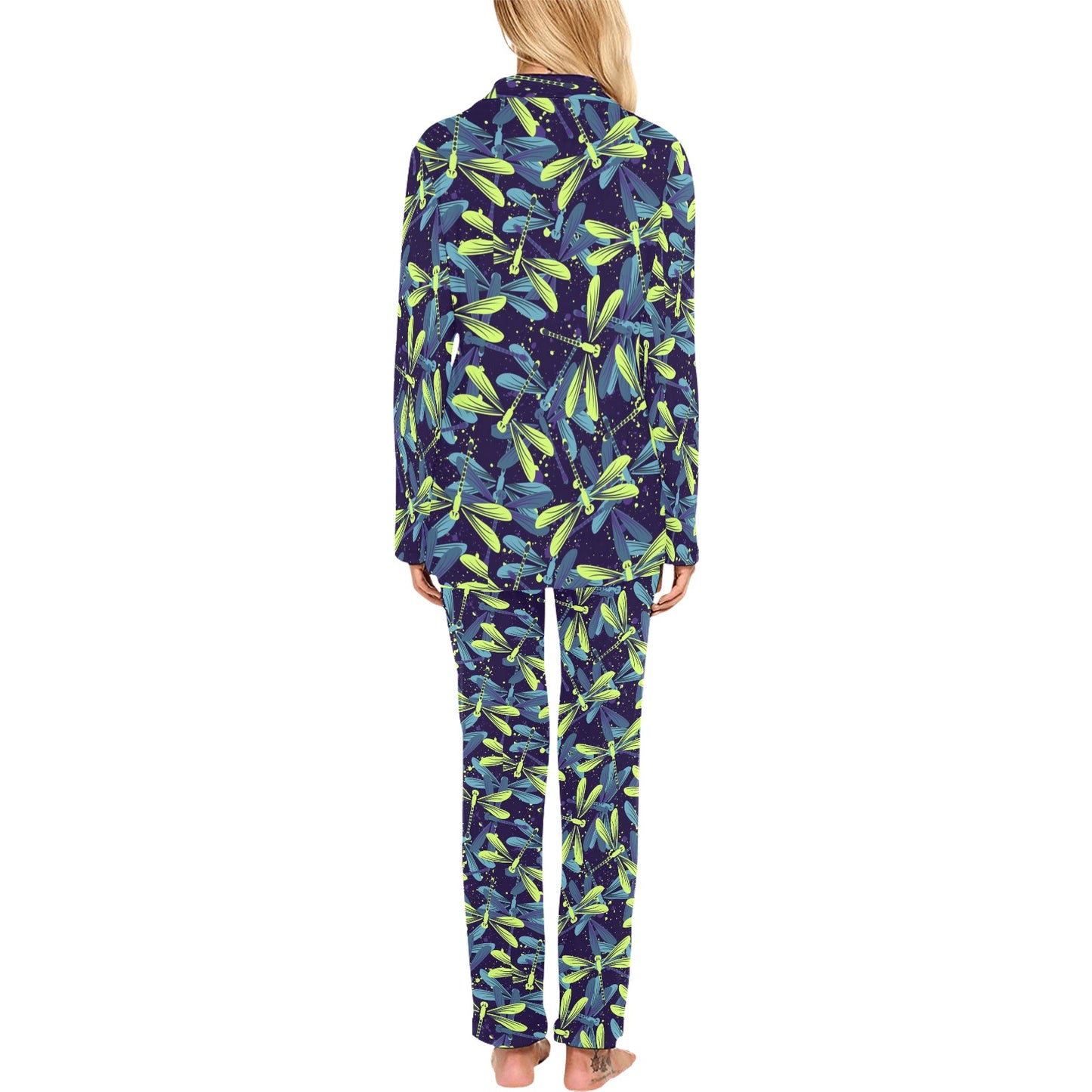 Dragonfly Lime Blue Print Pattern Women's Long Pajama Set