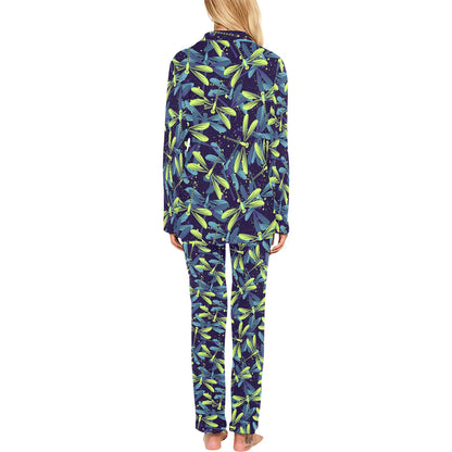 Dragonfly Lime Blue Print Pattern Women's Long Pajama Set