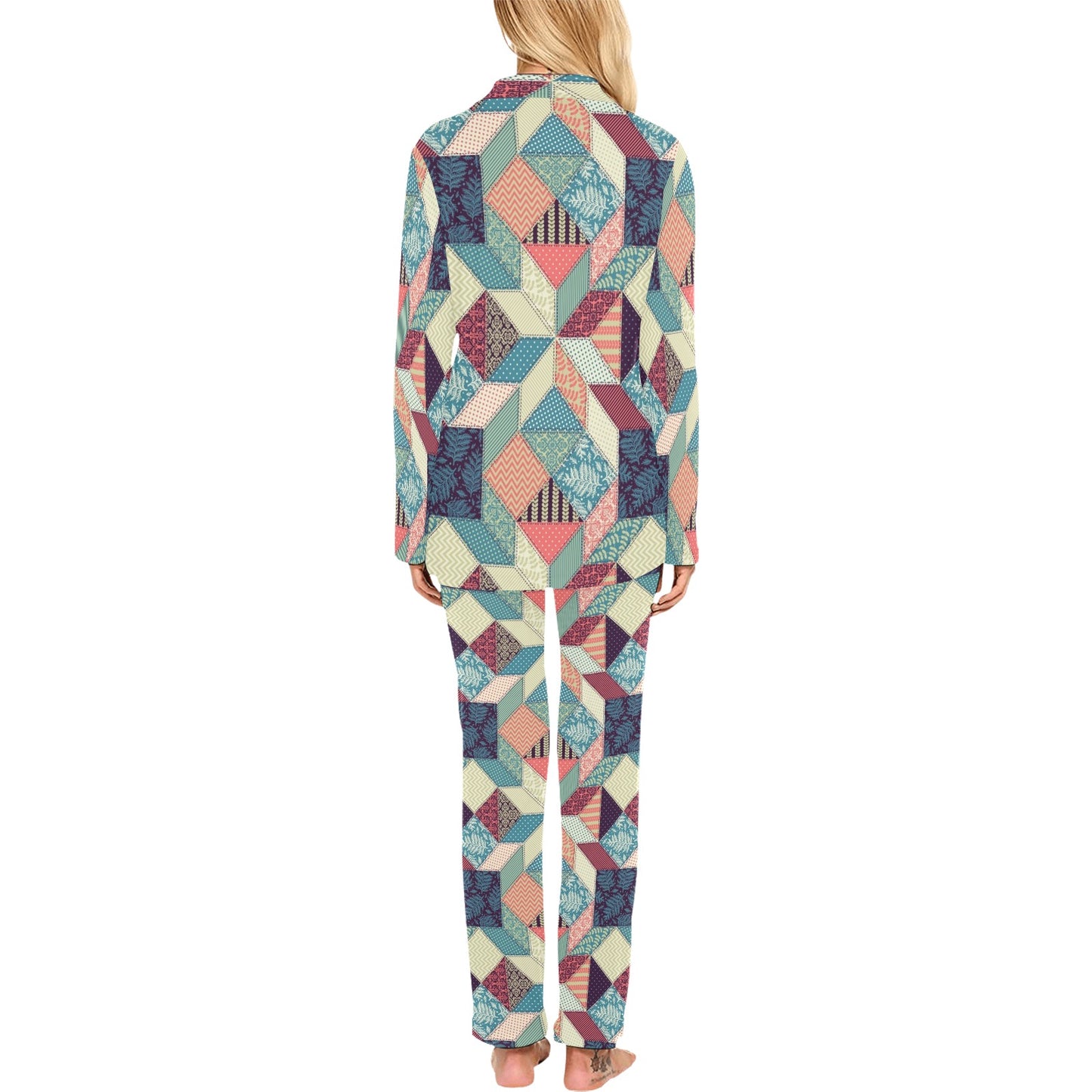 Patchwork Pattern Print Design 02 Women's Long Pajama Set