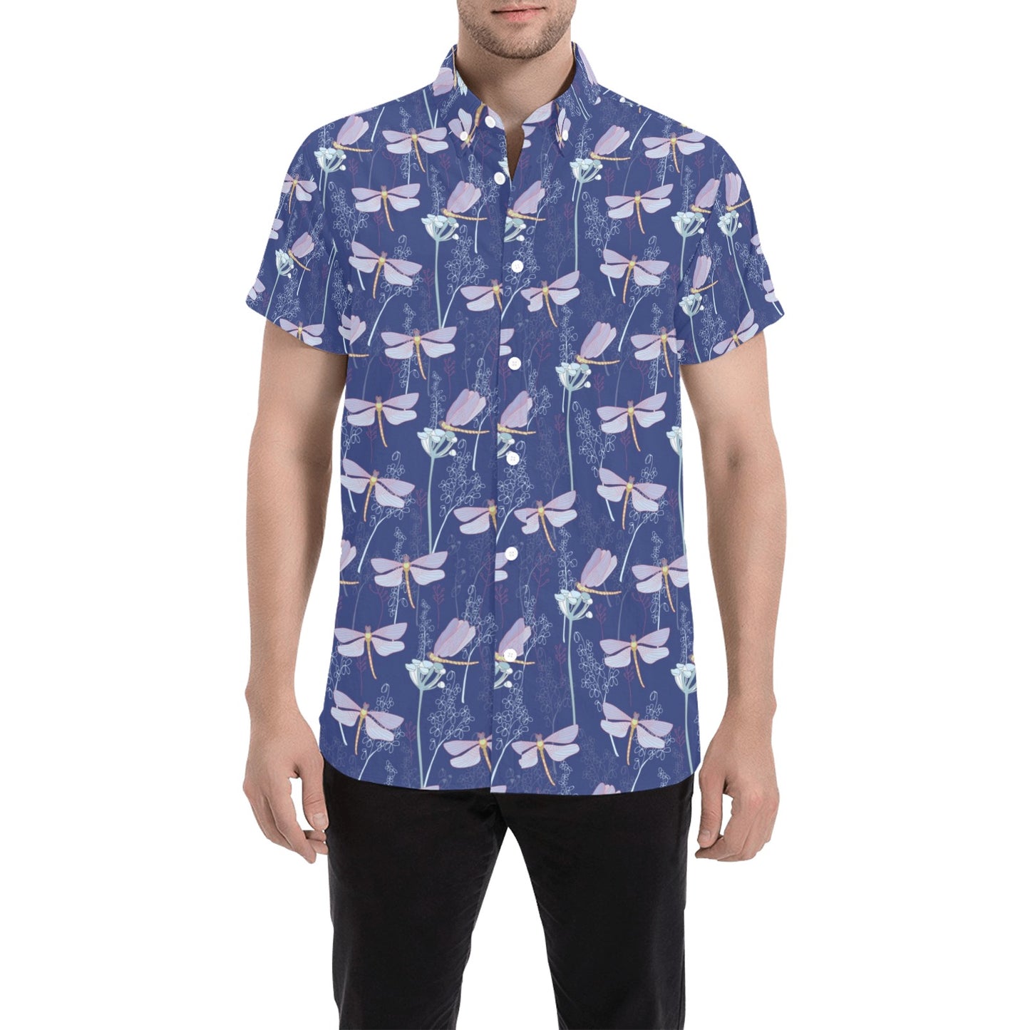 Dragonfly Print Design LKS401 Men Short Sleeve Button Up Shirt