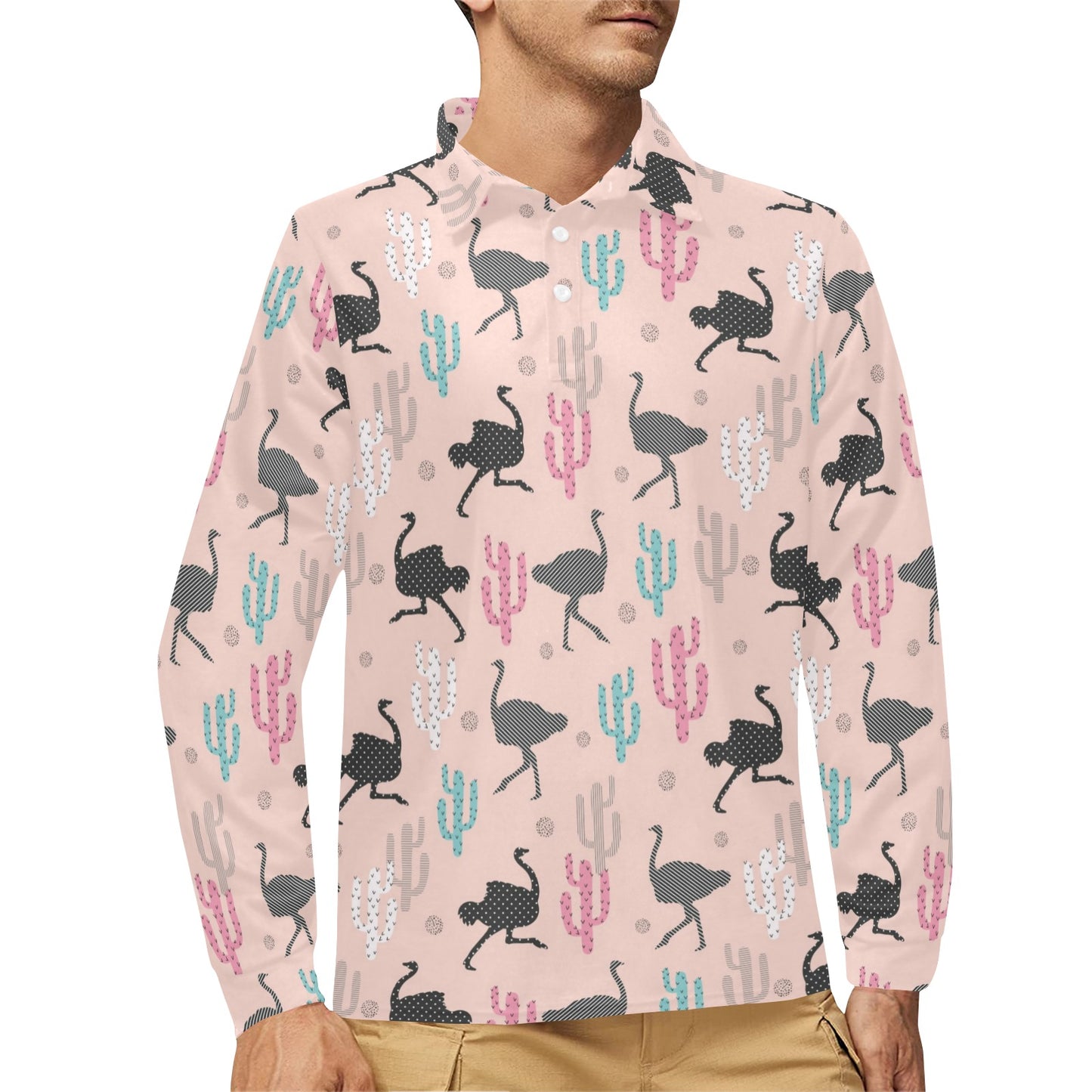 Ostrich Pattern Print Design 03 Long Sleeve Polo Shirt For Men's