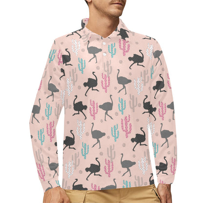 Ostrich Pattern Print Design 03 Long Sleeve Polo Shirt For Men's