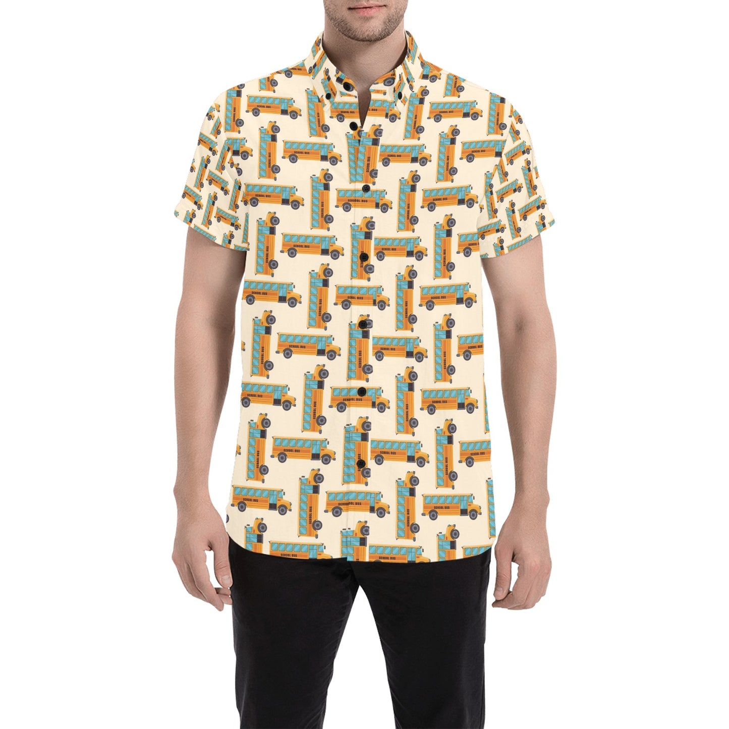 School Bus Print Design LKS305 Men Short Sleeve Button Up Shirt