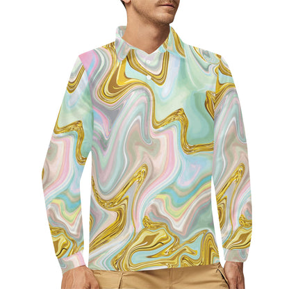 Gold Sweet Marble Long Sleeve Polo Shirt For Men's