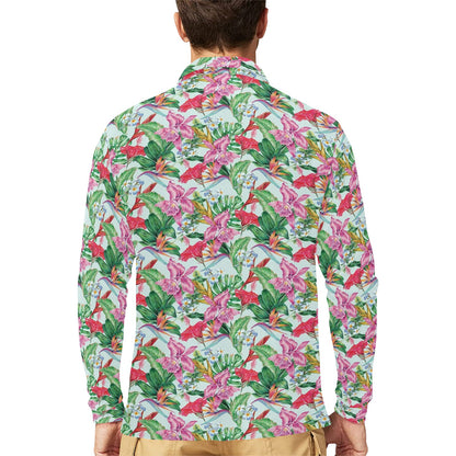 Tropical Flower Print Design LKS304 Long Sleeve Polo Shirt For Men's