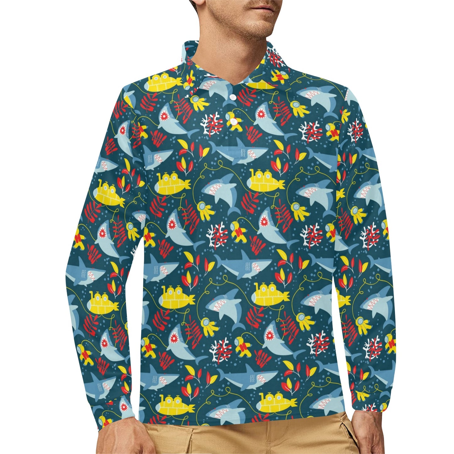 Scuba With Sharks Print Design LKS303 Long Sleeve Polo Shirt For Men's