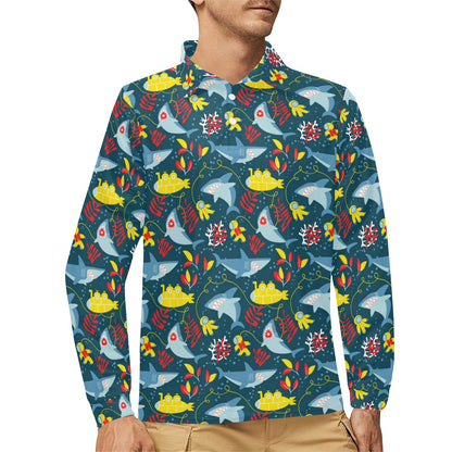 Scuba With Sharks Print Design LKS303 Long Sleeve Polo Shirt For Men's