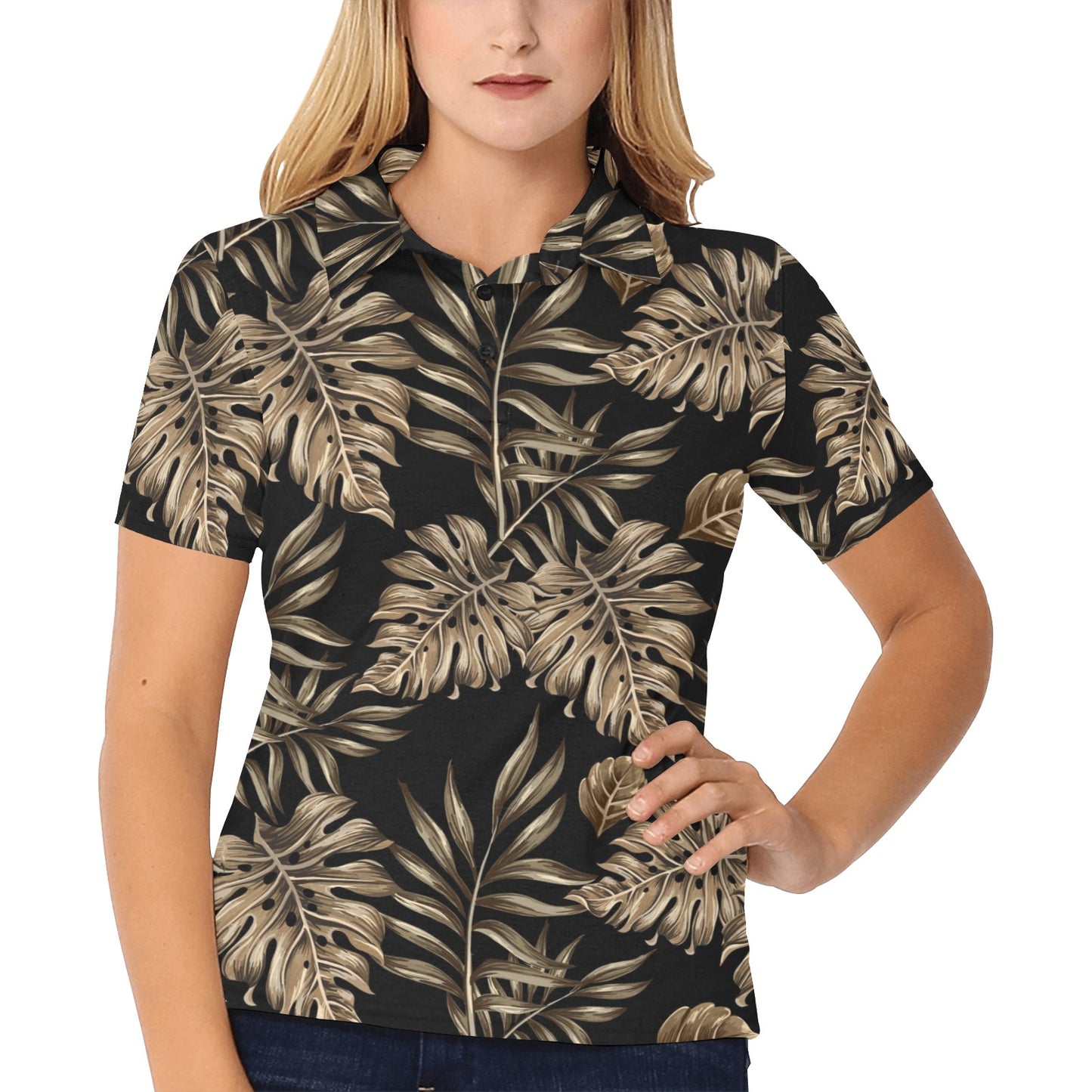 Brown Tropical Palm Leaves Women's Polo Shirt