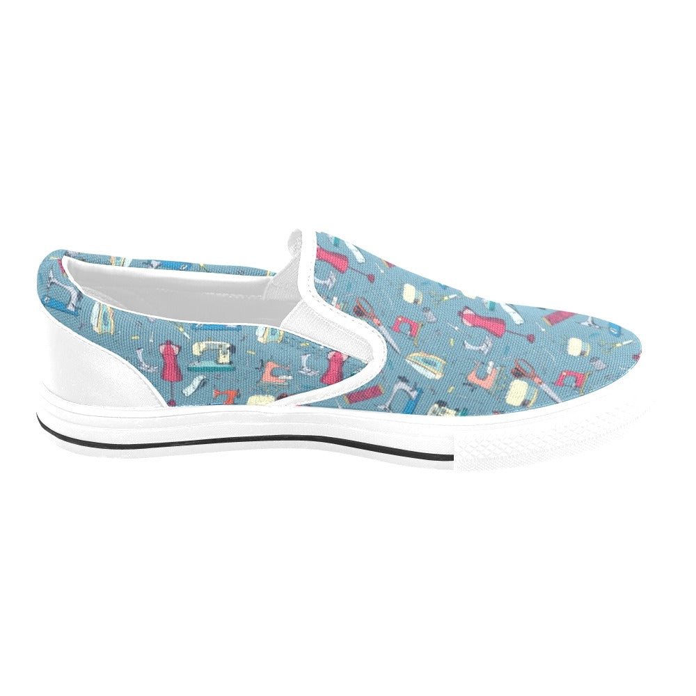 Sewing Equipment Print Design LKS301 White Slip Ons Canvas Women's Shoes