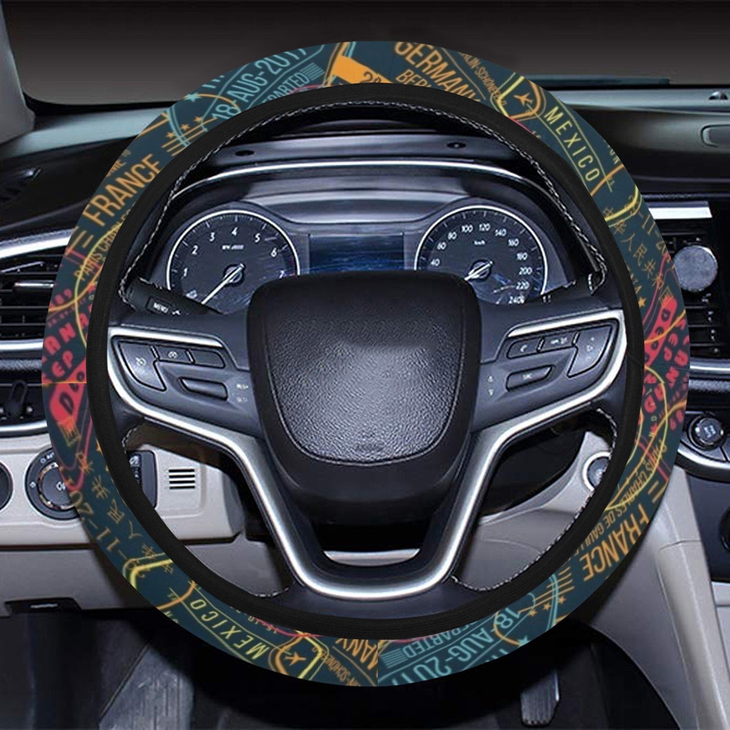 Travel Stamp Colorful Print Design LKS304 Steering Wheel Cover with Elastic Edge