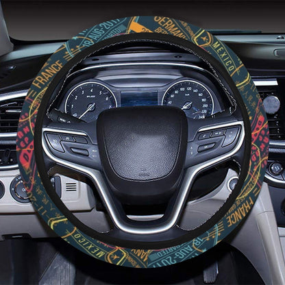 Travel Stamp Colorful Print Design LKS304 Steering Wheel Cover with Elastic Edge
