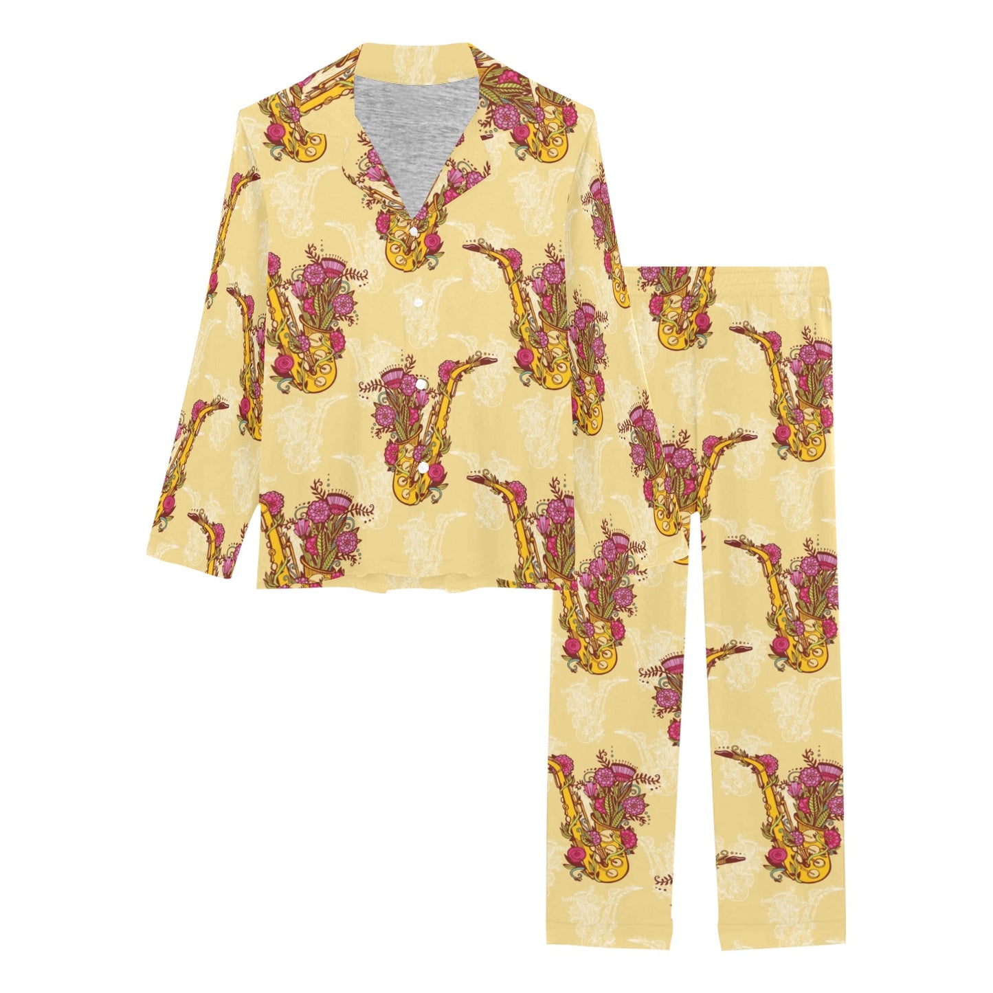 Saxophone Pattern Print Design 04 Women's Long Pajama Set