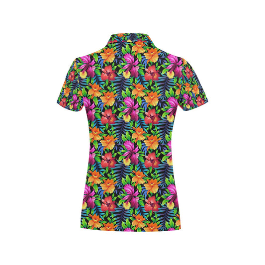 Tropical Folower Colorful Print Women's Polo Shirt