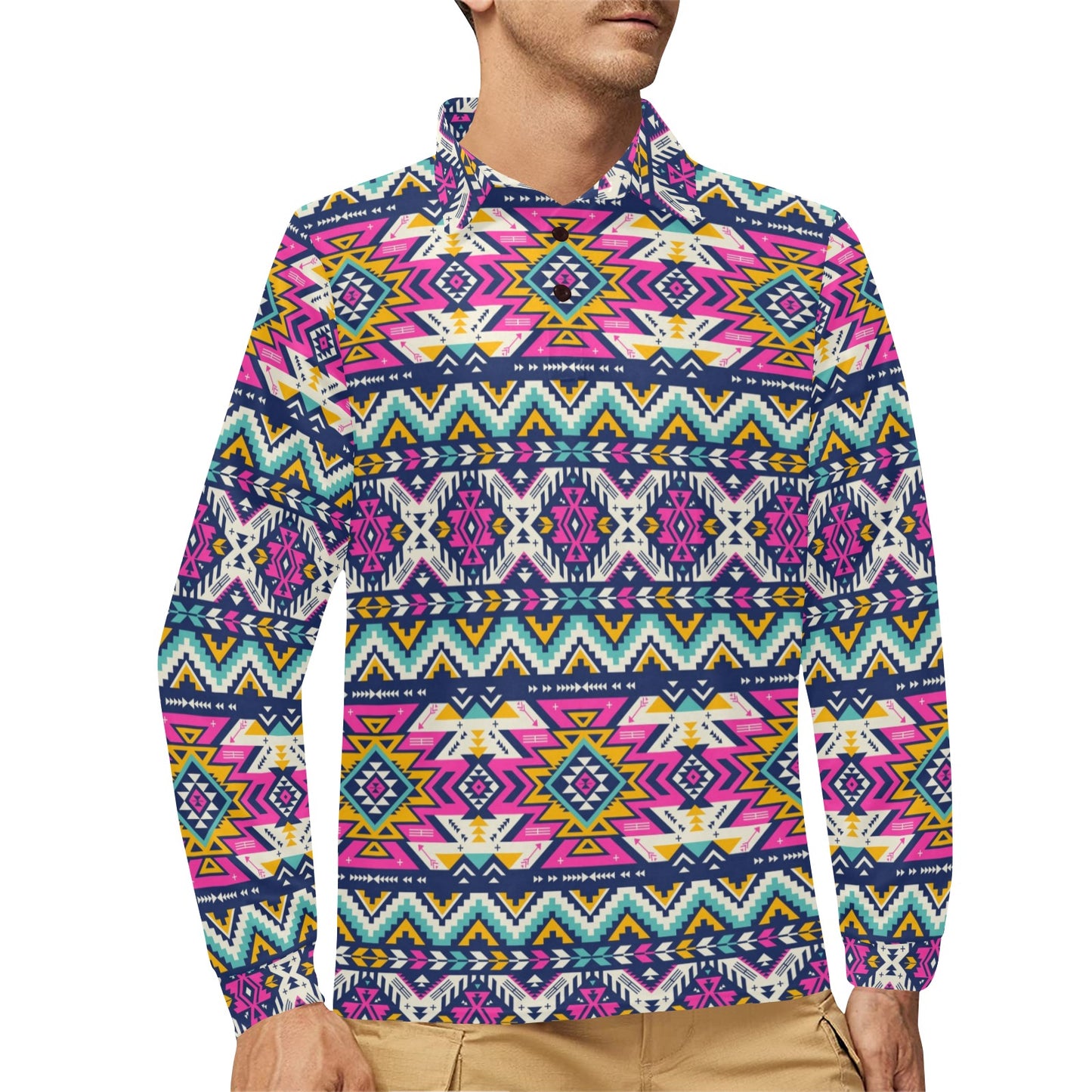 Aztec Pink Geometric Print Pattern Long Sleeve Polo Shirt For Men's