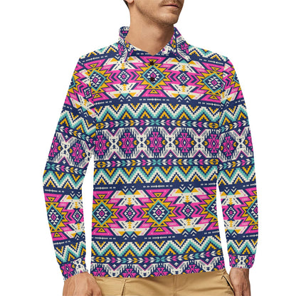 Aztec Pink Geometric Print Pattern Long Sleeve Polo Shirt For Men's