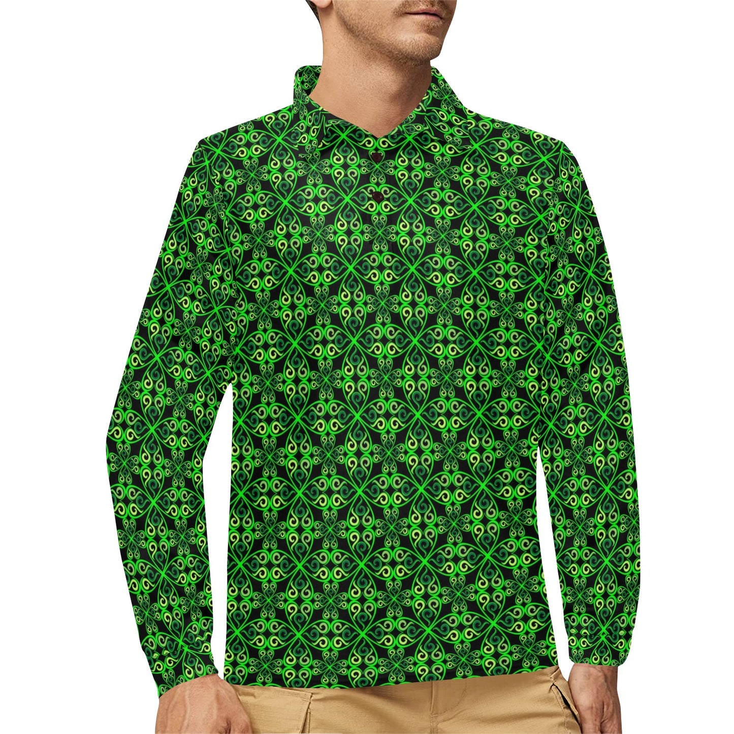 Celtic Green Neon Design Long Sleeve Polo Shirt For Men's