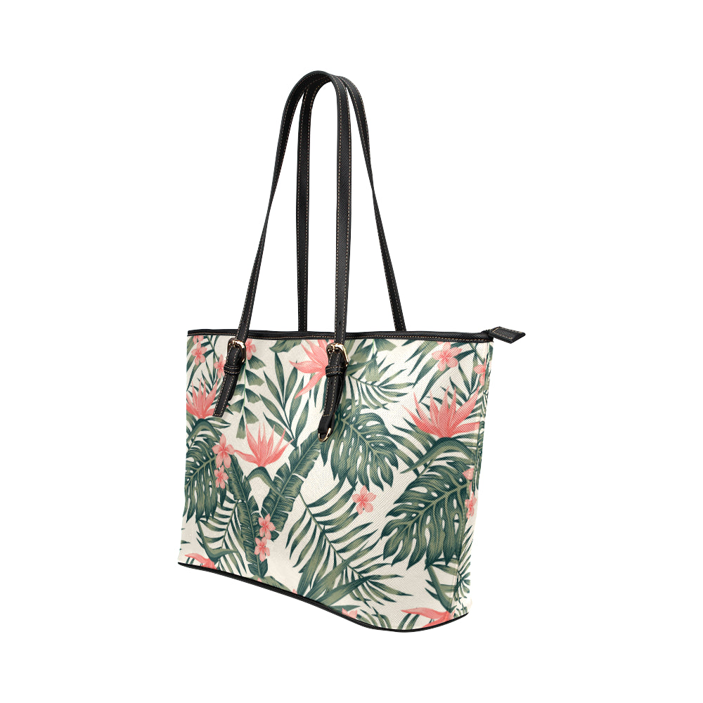 Tropical Flower Palm Leaves Leather Tote Bag