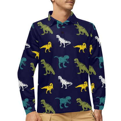 T Rex Pattern Print Design A07 Long Sleeve Polo Shirt For Men's