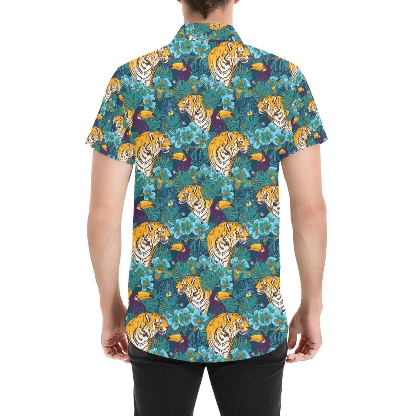 Tiger Tropical Print Design LKS301 Men Short Sleeve Button Up Shirt