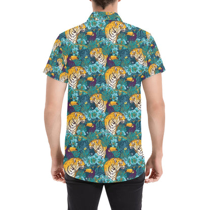 Tiger Tropical Print Design LKS301 Men Short Sleeve Button Up Shirt