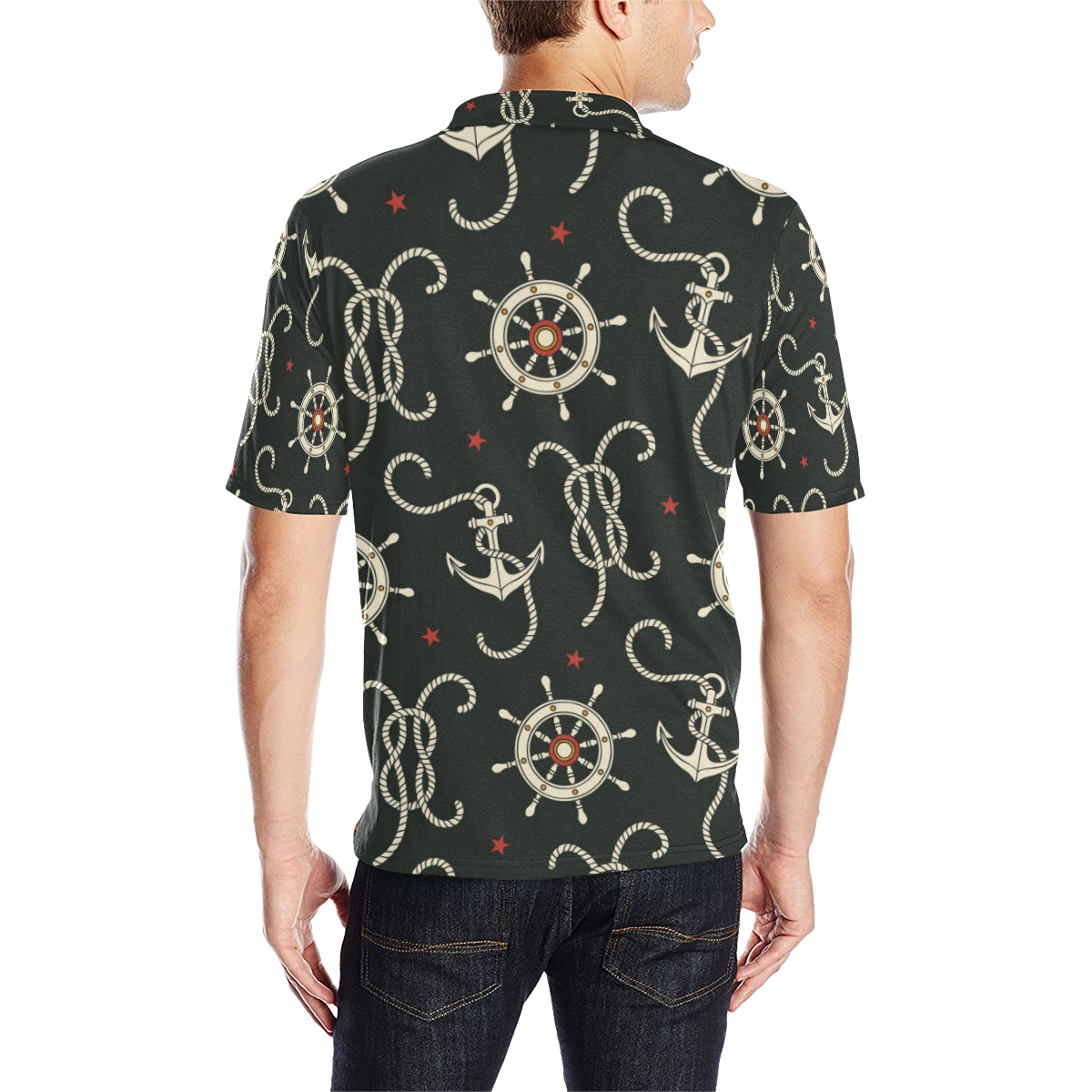 Nautical Anchor Pattern Men Polo Shirt