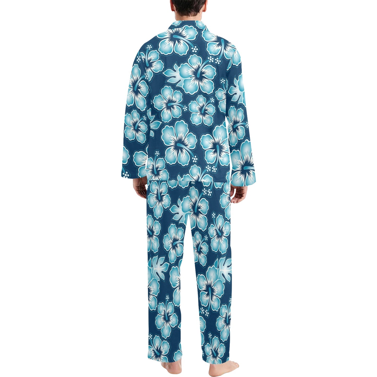 Blue Hibiscus Pattern Print Design HB011 Men's Long Pajama Set