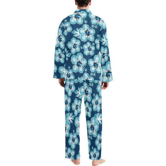 Blue Hibiscus Pattern Print Design HB011 Men's Long Pajama Set