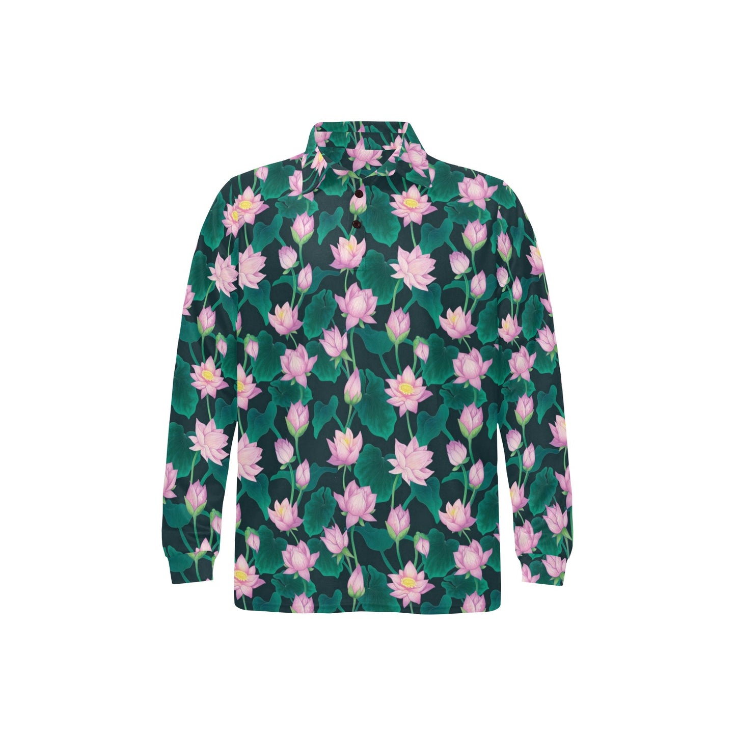 Water Lily Print Design LKS302 Long Sleeve Polo Shirt For Men's