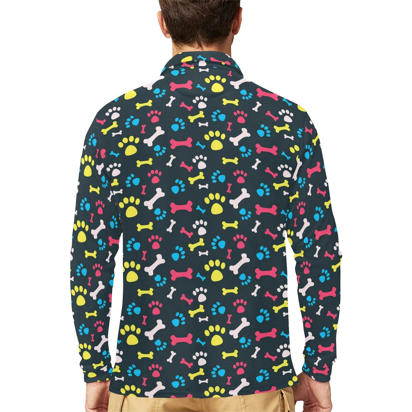 Paw Design Print Long Sleeve Polo Shirt For Men's