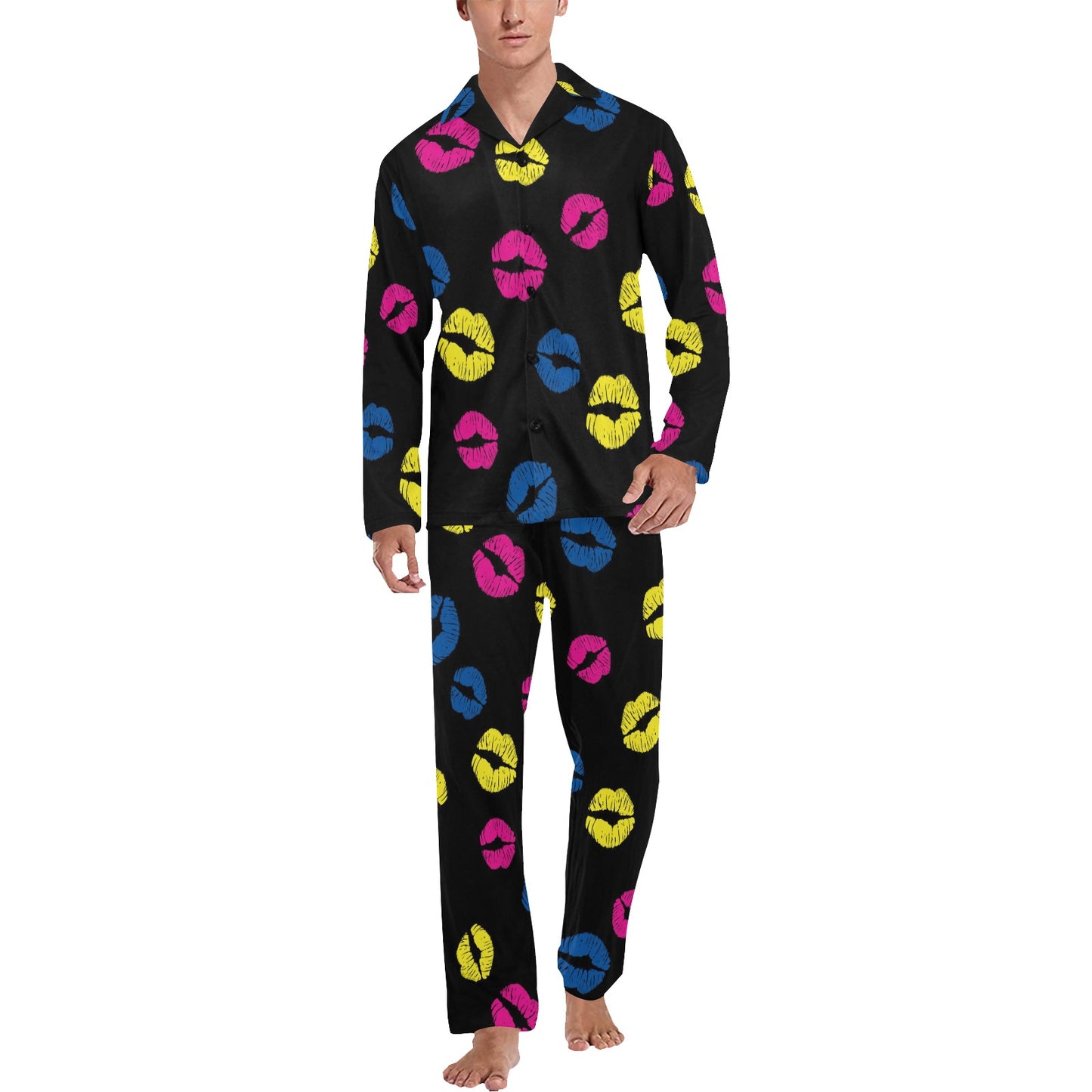 Lip Neon Color Pattern Print Design 01 Men's Long Pajama Set