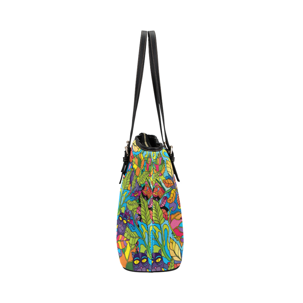 Psychedelic Trippy Flower Print Leather Tote Bag